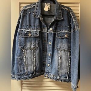 VOCAL STUDS & STONES HARLEY ROCKER BIKER OVERSIZED VINTAGE DENIM JEAN JACKET LG